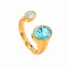 Anillo de apertura de acero de titanio transfronterizo europeo y americano, simple, geométrico, fundición, ovalado, incrustado, anillo de circón, joyería de oro de 18k, venta al por mayor