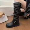 Nuevas botas altas de mujer vintage para otoño-invierno, plisadas, hasta la rodilla, con hebilla de cinturón, adelgazantes, versátiles, botas largas, estilo ecuestre