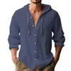 Camisa Masculina Casual Esportiva de Algodão e Linho com Capuz de Manga Longa Cor Sólida Respirável com Botões de Comércio Exterior Europeu e Americano