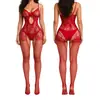 Lingerie estilo europeu e americano da Amazon, com estampas florais, um body de renda de peça única com alças, um design recortado, um estilo sexy com abertura na entreperna e um body transparente.