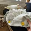 Conjunto de cuatro piezas de jacquard lavado estilo minimalista con botones, sábana bajera y funda nórdica de algodón lavado, juego de tres piezas de sábana bajera ajustada para dormitorio de estudiante 4