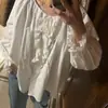 Camisa feminina de algodão puro, estilo francês, com bordado de renda requintado, babados doces, modelagem solta, plus size, manga longa, de Dongdaemun, Coreia.