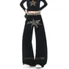 Pantalones casuales bordados de estilo americano con estampado de estrellas y leopardo, pantalones anchos de otoño para hombre, pantalones deportivos retro negros con cordón