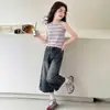 Conjunto de Chaleco Rayado y Pantalones de Pierna Ancha de Mezclilla para Niñas, Nuevo Conjunto de Dos Piezas Estilo Coreano de Verano Suelto para Niños Mayores