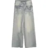 Moda Callejera Diseño de Bolsillo Frontal Patchwork Jeans de Pierna Ancha para Mujer Primavera y Verano Nuevos Pantalones Largos Holgados de Moda Versátil