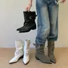Botas apiladas plisadas de punta con diseño único, nuevas botas cortas estilo coreano Primavera 2026 con hebilla de cinturón, botas cortas de montar para mujer