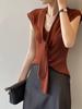 Chaleco de Punto con Escote en V Estilo Francés con Cinta para Mujer, Camiseta Básica sin Mangas de Lana, Top Delgado Elegante de Corte Ajustado