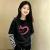 Camiseta de manga larga de algodón puro para niña, look de dos piezas para primavera y otoño, cuello redondo, camiseta básica elegante, top a rayas de moda versátil estilo coreano