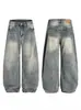 Jeans Lavados Vintage con Dobladillo Curvo y Bigotes Plisados, Pantalones Casuales Amplios de Pierna Ancha Estilo Americano con Desgastes Naturales, de Largo Hasta el Suelo