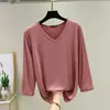 Camiseta de Modal Manga Siete Puntos Ropa de Exterior Verano Cuello en V Versátil Casual Holgada Camiseta Base Top Ajustado