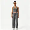 Conjunto de três peças de yoga e fitness estilo europeu e americano: calças largas e fluidas, alta elasticidade, amigáveis à pele, adequadas para Pilates, corrida e uso casual