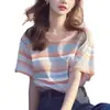 Verano 2025 Chic Coreano Único y Hermoso Tops Sueltos y Versátiles Coloridas Camisetas de Manga Corta a Rayas para Mujer
