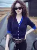 Azul Falso Dos Piezas Chic Único Hermoso Digno de Foto Top Pequeño Cuello en V Cardigan de Punto para Mujer Otoño Elegante Noble