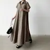 Estilo Japonês Rakuten Outwear Coreano Vestido Manga Curta Algodão Linho Vestido Feminino Solto Lapela Casual Vestido Camisa