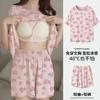 Traga Sua Própria Almofada de Seio Pijama Tudo-em-Um para Mulheres Verão 2025 Novo Cardigã Manga Curta Shorts Verão Desenho Animado Tamanho Grande Roupas de Casa