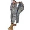 Jeans de Pierna Recta Pierna Ancha Talla Grande para Mujer Primavera y Otoño Sueltos Adelgazantes Cintura Alta Nueve Puntos Estilo Papá Harlan Pantalones Radish
