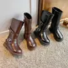 Botas de Cuero Estilo Western para Niñas 2026 Otoño Nuevo Hechas a Mano Retro Tacón Grueso Punta Redonda Hebilla Talla Mediana a Grande Botas de Caballero Martin para Niños