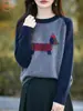 Suéter Nuevo de Punto Redondo Bloque de Color Estilo Universitario Suéter de Cachorro para Mujer Holgado Reductor de Edad Camisa Base Superior
