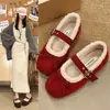 Sapatos de algodão fivela laço gigante sapatos de inverno sapatos de pele Mary Janes femininos vestuário externo super quentes franceses com fleece bonitos fofos
