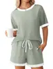 Ropa de Mujer Transfronteriza Europea y Americana Verano 2026 Nuevo Moda Amazon Color Sólido Canalé Bloque de Color Manga Corta Conjunto de Ropa para Estar en Casa