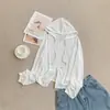 Camisa de zíper longa de cor sólida em Liocel, estilo coreano minimalista, proteção solar, jaqueta com capuz slim fit de verão