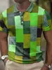 Camisa Polo Europeia e Americana Masculina Transfronteiriça Tendência com Estampa Digital 3D, Bloqueio de Cor Xadrez, Manga Curta, Colarinho Cuban