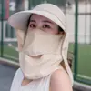 Chapéu de Sol Removível para Mulheres Verão Estilo Coreano Chapéu de Topo Vazio Aba Larga Anti-UV Chapéu de Sol para Ciclismo Chapéu com Máscara Facial