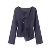 Comercio exterior transfronterizo al por mayor 2026 nueva ropa de mujer estilo europeo y americano, diseño vintage, corte holgado, adelgazante, con cordones, camisa casual