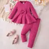 Conjunto de dos piezas acanalado para niña con lazo, conjunto de top tipo vestido de manga larga y leggings para primavera y otoño