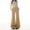 Jeans Workwear Khaki Clássico com Múltiplos Bolsos, Calça Flare Elástica, Bolsos Grandes Estilo Americano, Cintura Baixa, Suporta Dropshipping