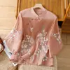 Camiseta bordada modificada estilo chino para mujer, estilo fino de verano, cuello alto, abotonada, algodón y lino, top de manga tres cuartos