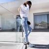 Jeans de Nueve Puntos para Mujer, Corte Ajustado, Sencillos, Rasgados, Lavados, Estilo Europeo y Americano, Excedente de Exportación, Entrega Rápida, Hechos a Medida, Tiro Alto