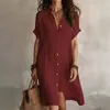 Ropa nueva para mujer transfronteriza europea y americana 2026: vestido camisero elegante, moderno, casual, de corte holgado, color liso, con cuello en V y botones