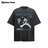 Camiseta Retro Americana Lavada de Banda de Rock de Manga Corta para Hombres y Mujeres Holgada Vintage Estampado Digital Versión Boxy Moderna