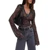 2025 Aliexpress Primavera/Verano Nuevo Top de Moda de Cuello en V con Malla de Estampado de Leopardo y Manga Larga Acampanada para Mujer