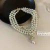 Colar de Pérolas Saturno de Três Camadas, Corrente Clássica Retrô Gota Única para Clavícula, Corrente para Suéter, Luxo Leve, Colar Doce e Versátil
