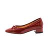 Sapatos básicos versáteis de pele de cabra vermelhos, salto baixo, bico redondo, salto baixo, couro legítimo, laço, boca rasa, para mulheres, primavera 2024