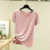 Camiseta casual feminina estilo coreano para primavera e verão, cor sólida nova, estilo preguiçoso, gola redonda elegante, manga curta, corte solto, simples