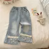 Pantalones vaqueros con ribete de encaje para niñas timo primavera y otoño nuevos pantalones rectos holgados estilo coreano para niños pequeños y medianos elegantes anchos