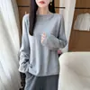 Suéter Minimalista de Cuello Redondo 100% Lana para Mujer Pulóver Cálido Tejido de Punto Manga Larga Holgada Adelgazante Suéter Cálido de Capa Base