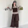 Conjunto de Outono Feminino Falso de Duas Peças Moda Listrada Calça de Cintura Larga Conjunto Casual de Duas Peças para Crianças Médias e Grandes Roupas de Outono