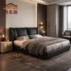 Cama Matrimonial Minimalista Moderna Tapizada en Piel Estilo Italiano Nuevo Habitación Principal Doble Cama Grande Piel Nappa Cama Sencilla Negra Gama Alta