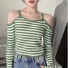 Cuidado con la Camiseta Base de Manga Larga Rayada Descubierta de Hombros para Mujer 2025 Otoño Dulce y Atrevida Chic Top Corto de Cintura Alta