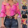 Aliexpress Moda Feminina Europeia e Americana Amazon Primavera e Verão Moda Transfronteiriça Estampado Ombro Único Alça Lapela Top