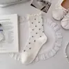 Calcetines tobilleros para mujer, algodón puro, suaves y cómodos, estampado floral pequeño, con volantes en el tobillo, ribete de encaje y detalles de malla, estilo coreano, absorben el sudor, calcetines de algodón nuevos, transpirables