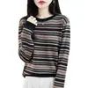 Otoño 2026 Nuevo Retro Lana Fina Cuello Redondo Tejido Hombro Caído Manga Larga Mujer Raya de Color Base Superior