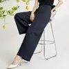 Direto do fabricante: Novas calças casuais de linho de liocel azul marinho para mulheres, cintura elástica, patchwork tridimensional, calças tipo foice que emagrecem
