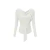 Camiseta de Color Puro Elegante con Cuello de Tirantes de Manga Larga para Mujer Otoño Nuevo Ajuste Delgado Top Versátil