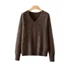 Suéter de punto fino para mujer con cuello en V de seda y cachemira cepillada, suave y transpirable, corte ajustado, adelgazante, jersey casual para otoño e invierno
