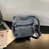 Bolso de Mezclilla Lavado Retro para Mujer Múltiples Bolsillos con Cremallera Almacenamiento Cruzado Bolso Pequeño de Hombro Único de Moda para Salir de Compras